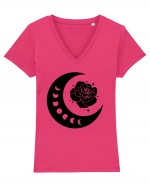 Celestial Moon Phases Flowers Black Tricou mânecă scurtă guler V Damă Evoker