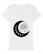 Celestial Moon Phases Flowers bw Tricou mânecă scurtă guler V Damă Evoker