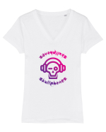 Craniu cu casti - skullphones logo Tricou mânecă scurtă guler V Damă Evoker