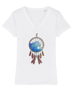 Dolphin Dreamcatcher. Prinzător de vise cu delfini și valuri și pene Tricou mânecă scurtă guler V Damă Evoker