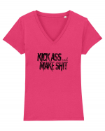 Kick Ass & Make Shit (black) Tricou mânecă scurtă guler V Damă Evoker