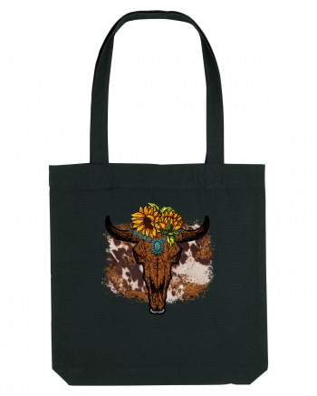 Vintage Sunflower Bull Skull Black