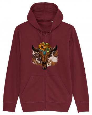 Vintage Sunflower Bull Skull Burgundy