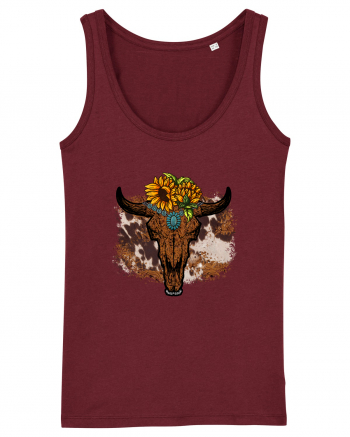 Vintage Sunflower Bull Skull Burgundy