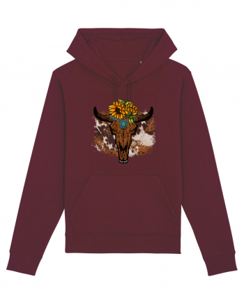 Vintage Sunflower Bull Skull Burgundy