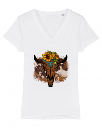 Vintage Sunflower Bull Skull White