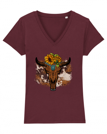 Vintage Sunflower Bull Skull Burgundy