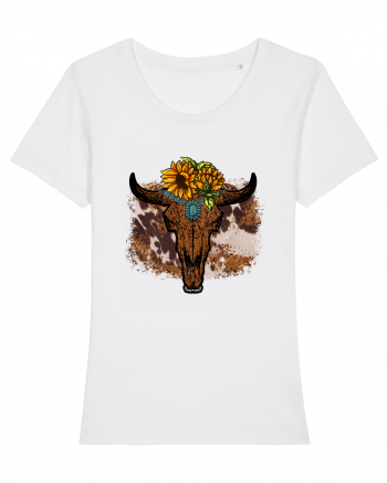 Vintage Sunflower Bull Skull White