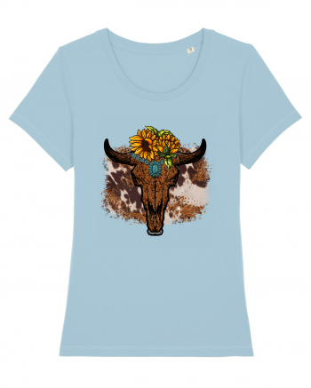 Vintage Sunflower Bull Skull Sky Blue