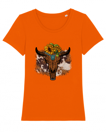 Vintage Sunflower Bull Skull Bright Orange