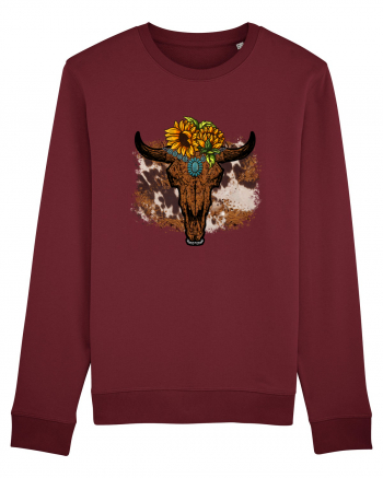 Vintage Sunflower Bull Skull Burgundy