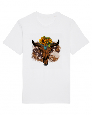 Vintage Sunflower Bull Skull White