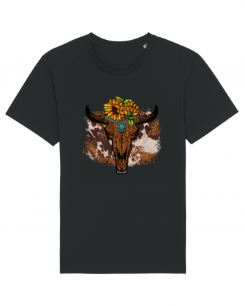 Vintage Sunflower Bull Skull Black