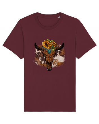 Vintage Sunflower Bull Skull Burgundy