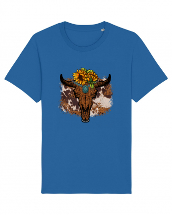 Vintage Sunflower Bull Skull Royal Blue