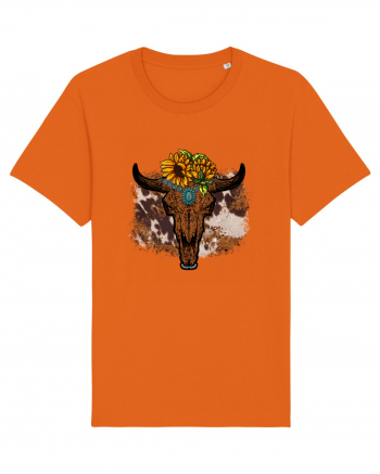 Vintage Sunflower Bull Skull Bright Orange