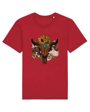 Vintage Sunflower Bull Skull Red