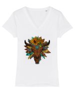 Western Sunflower Bull Skull Tricou mânecă scurtă guler V Damă Evoker
