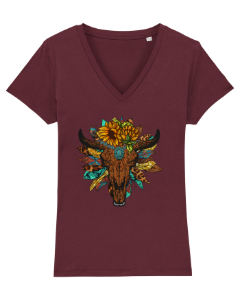 Western Sunflower Bull Skull Burgundy