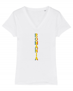 Romania text vertical tricolor Tricou mânecă scurtă guler V Damă Evoker