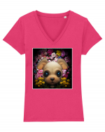 dog in flowers Tricou mânecă scurtă guler V Damă Evoker