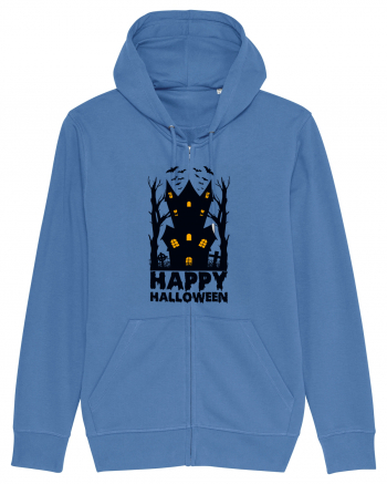 Happy Halloween Black Haunted House Bright Blue