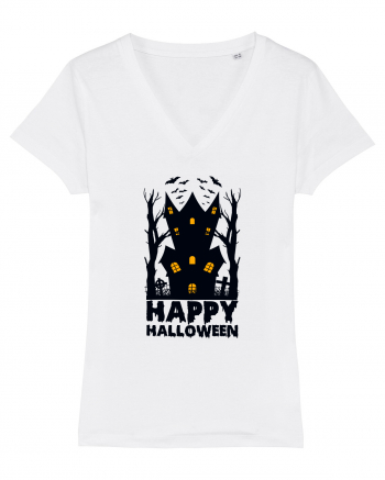 Happy Halloween Black Haunted House White