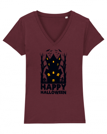 Happy Halloween Black Haunted House Burgundy