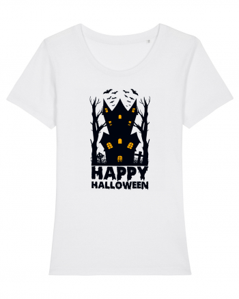 Happy Halloween Black Haunted House White