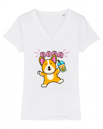 Kawaii Corgi Drinking Boba Tea White