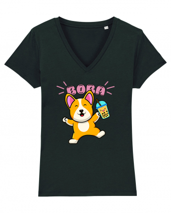 Kawaii Corgi Drinking Boba Tea Black