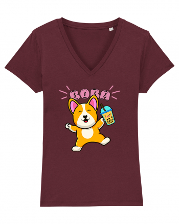 Kawaii Corgi Drinking Boba Tea Burgundy