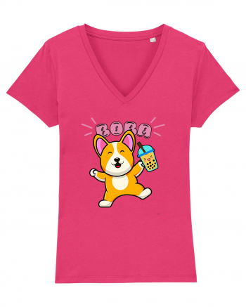 Kawaii Corgi Drinking Boba Tea Raspberry