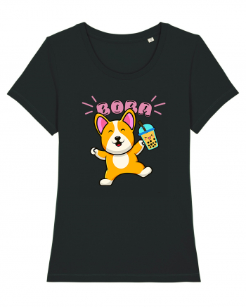 Kawaii Corgi Drinking Boba Tea Black