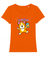 Kawaii Corgi Drinking Boba Tea Tricou mânecă scurtă guler larg fitted Damă Expresser