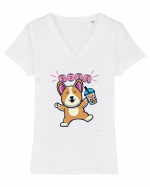 Kawaii Corgi Drinking Boba Tea Tricou mânecă scurtă guler V Damă Evoker