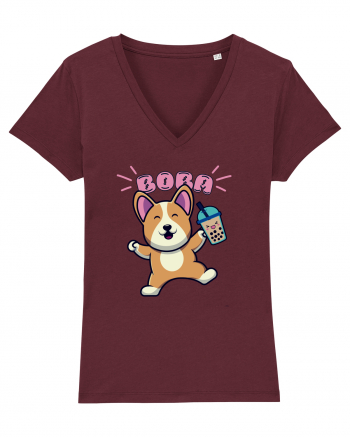 Kawaii Corgi Drinking Boba Tea Burgundy