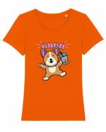 Kawaii Corgi Drinking Boba Tea Tricou mânecă scurtă guler larg fitted Damă Expresser