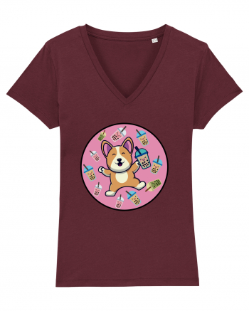 Kawaii Corgi Drinking Boba Tea Burgundy