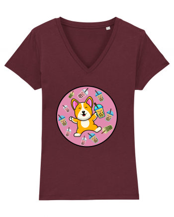 Kawaii Corgi Drinking Boba Tea Burgundy