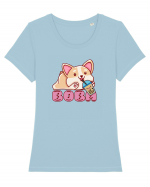 Kawaii Corgi Drinking Boba Tea Tricou mânecă scurtă guler larg fitted Damă Expresser