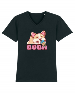 Kawaii Corgi Drinking Boba Tea Tricou mânecă scurtă guler V Bărbat Presenter