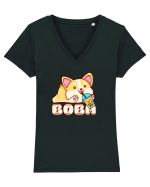 Kawaii Corgi Drinking Boba Tea Tricou mânecă scurtă guler V Damă Evoker