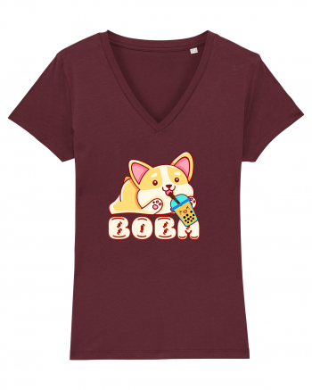 Kawaii Corgi Drinking Boba Tea Burgundy