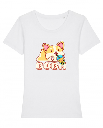 Kawaii Corgi Drinking Boba Tea White