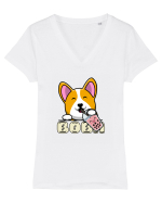 Kawaii Corgi Drinking Boba Tea Tricou mânecă scurtă guler V Damă Evoker