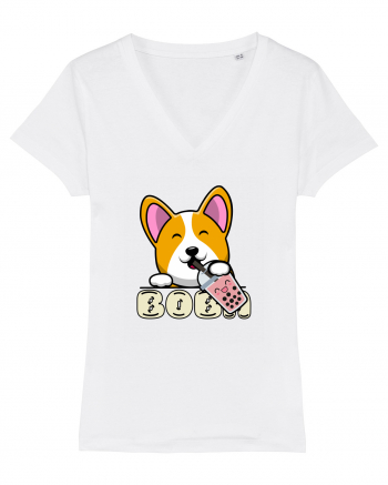 Kawaii Corgi Drinking Boba Tea White