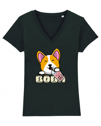 Kawaii Corgi Drinking Boba Tea Black