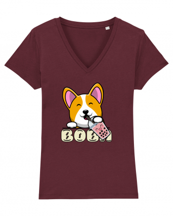 Kawaii Corgi Drinking Boba Tea Burgundy