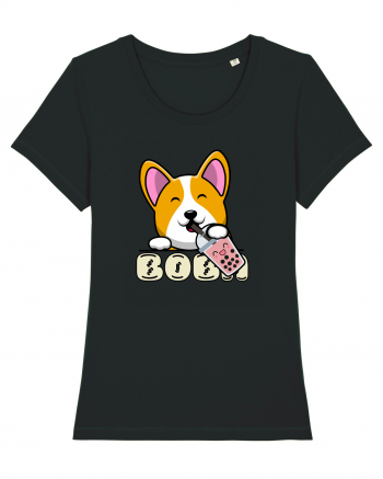 Kawaii Corgi Drinking Boba Tea Black